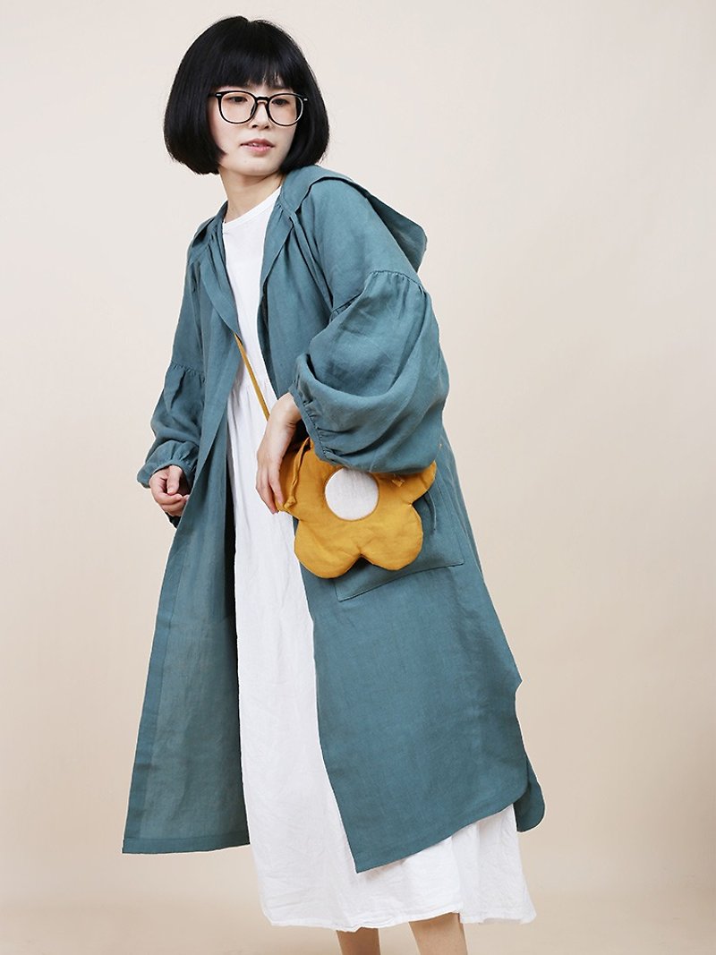 hooded trench coat linen coat loose funny cute - Women's Blazers & Trench Coats - Linen Multicolor