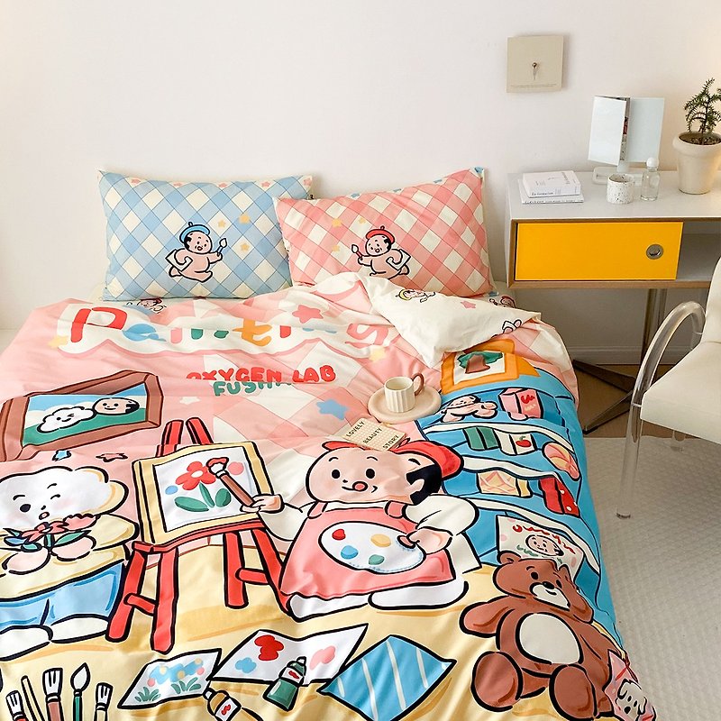 かわいいピンクの格子縞のスタジオコットン寝具ベッド4個セット - 寝具 - コットン・麻 多色