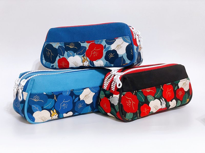 Red toon flower bunny double-layer zipper pencil case, cosmetic bag, storage bag - กล่องดินสอ/ถุงดินสอ - ผ้าฝ้าย/ผ้าลินิน สีน้ำเงิน