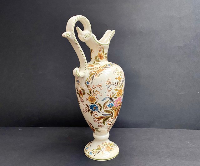 イタリア製　ヴィンテージ　陶器製 花柄　ピッチャー　#デルフト ヴィンテージ 陶器製 花柄ピッチャー #デルフト 花瓶 エナメル