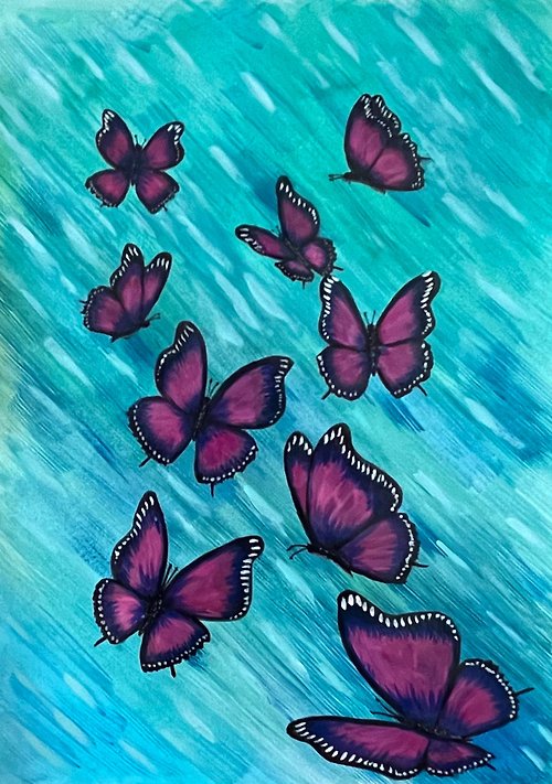 vernissage-VG-galery Cheerful dancing butterflies on a turquoise background.