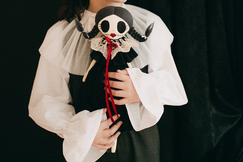 Haunted cute rag doll / Collectible art horror doll / Creepy goth voodoo doll - Stuffed Dolls & Figurines - Linen Black