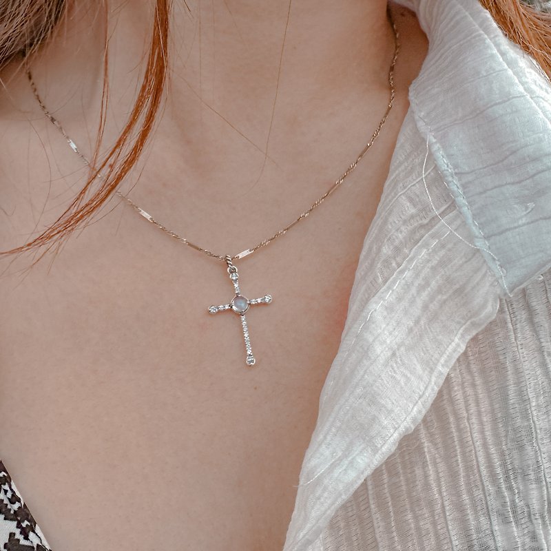 CGCI Chuangen crystal | Luna's blessing | Moonstone cross 925 sterling silver necklace | - Necklaces - Semi-Precious Stones 
