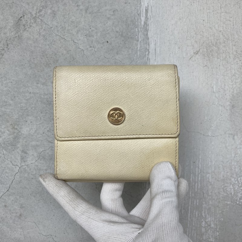 Chanel 香奈兒 奶白 雙面 荔枝皮 cc金釦 短夾 古董包 vintage - 錢包/皮夾/長短夾 - 真皮 白色