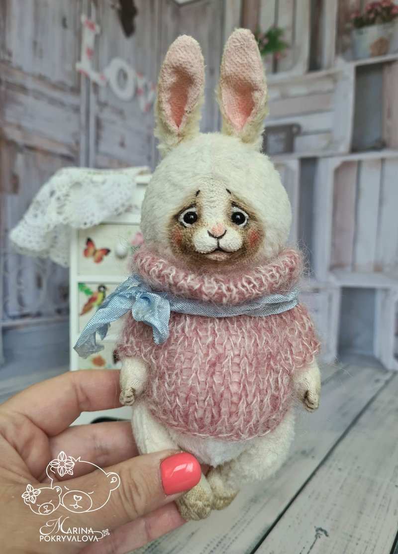 Handmade teddy bunny. Collectible toy. Cute bunny toy. Christmas gift. - Stuffed Dolls & Figurines - Other Materials White