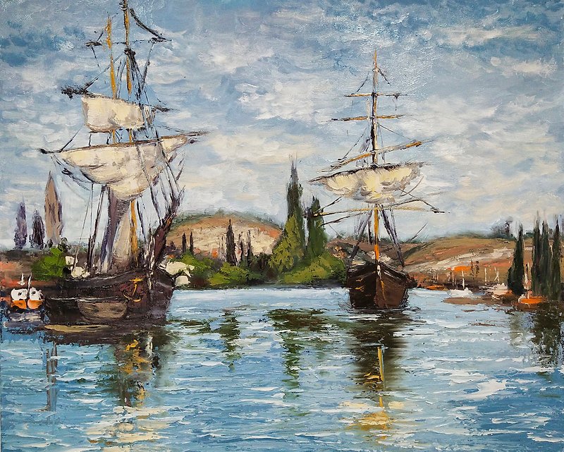 Sailboats Painting Original Oil Painting on Canvas 手繪油畫 - โปสเตอร์ - ผ้าฝ้าย/ผ้าลินิน หลากหลายสี