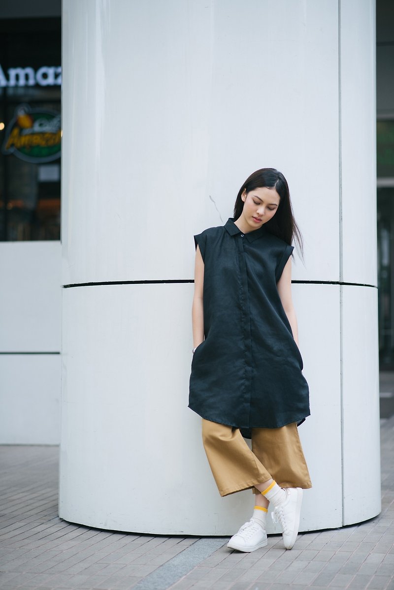 Shades Of Black Linen Dress Shirt - One Piece Dresses - Cotton & Hemp Black