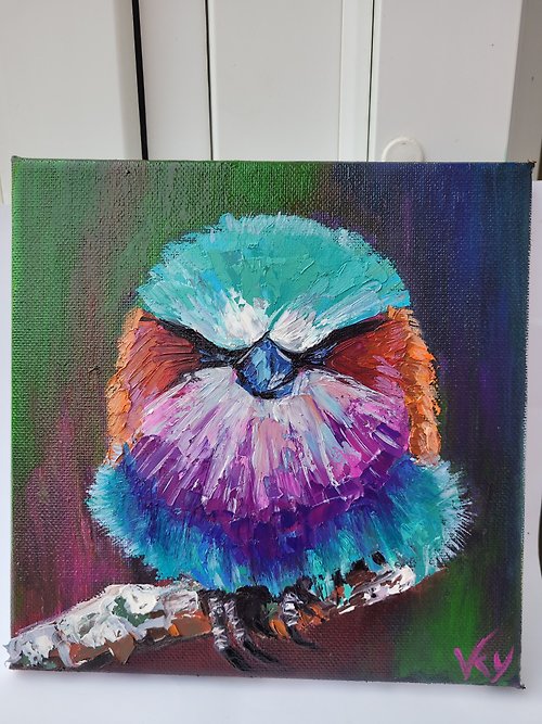 Vikenty Art Shop Bird Painting Lilac-Breasted Roller Original Oil Painting on Canvas, Bird Art