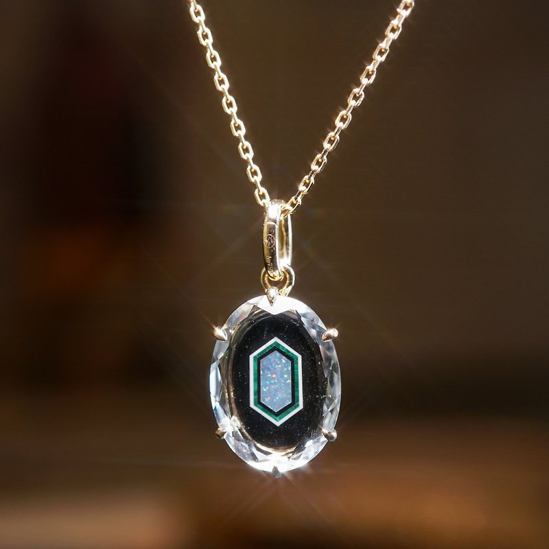 Black Mirror City—Fine Wood Inlay 18K gold inlaid natural crystal retro Pendant - Necklaces - Gemstone 