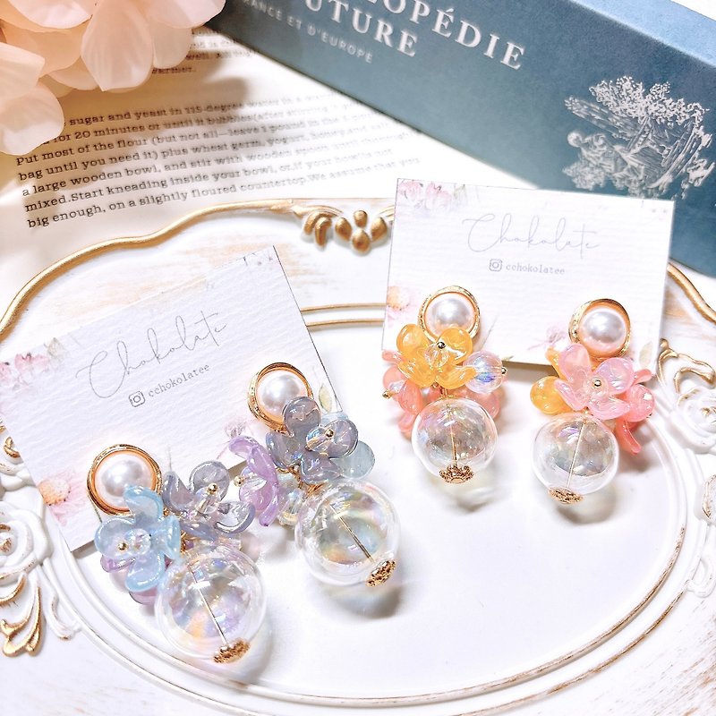Symphony flower glass ball earrings Clip-On 925/14KGF earrings - Earrings & Clip-ons - Glass Pink