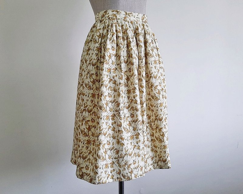 Vintage Cream Brown Floral Print Skirt - กระโปรง - เส้นใยสังเคราะห์ 