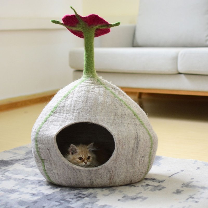 花卉頂羊毛貓屋  自然貓床  現代寵物家具  手工製作寵物床 - 貓跳台/貓抓板 - 羊毛 灰色