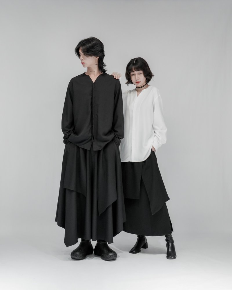 MUKK DESIGN V領隱藏釦長袖襯衫-黑 - 男襯衫/休閒襯衫 - 聚酯纖維 黑色