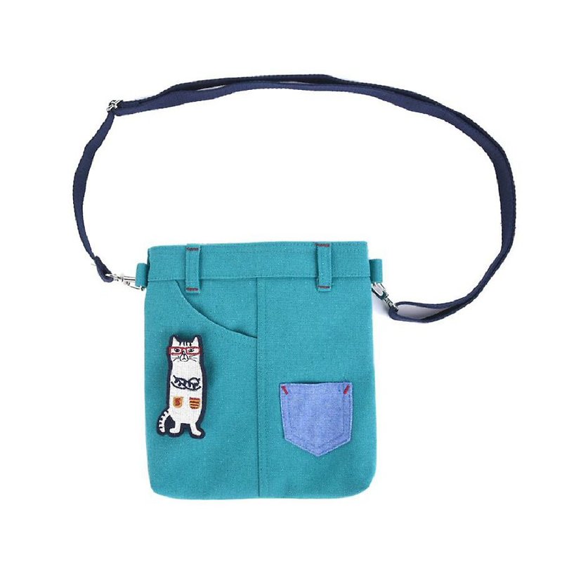 Kusuguru Japan Waist Bag Crossbody Multi-Pocket Bag Detachable Multi-Purpose Bag-Blue Green - กระเป๋าแมสเซนเจอร์ - ผ้าฝ้าย/ผ้าลินิน สีน้ำเงิน