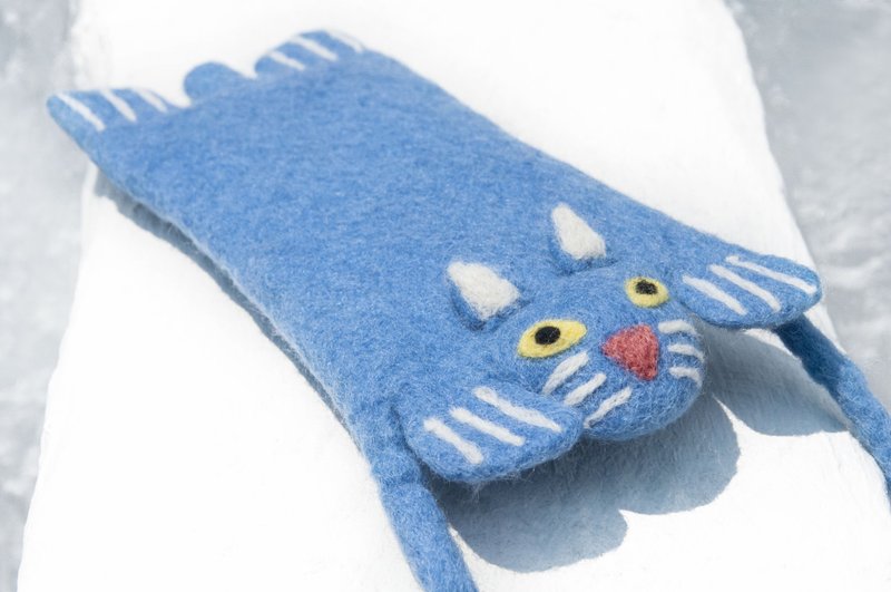 Wool felt phone case/wool felt phone case/iphone phone case/android phone case-blue cat - เคส/ซองมือถือ - ขนแกะ สีน้ำเงิน