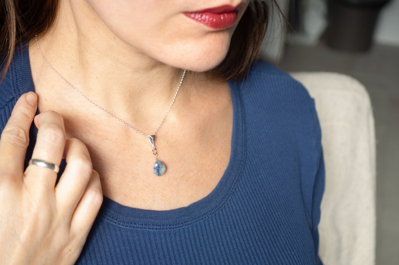 Sodalite Teardrop Necklace, 925 Silver, Aquarius stone, Virgo gem Gift - Necklaces - Gemstone Blue