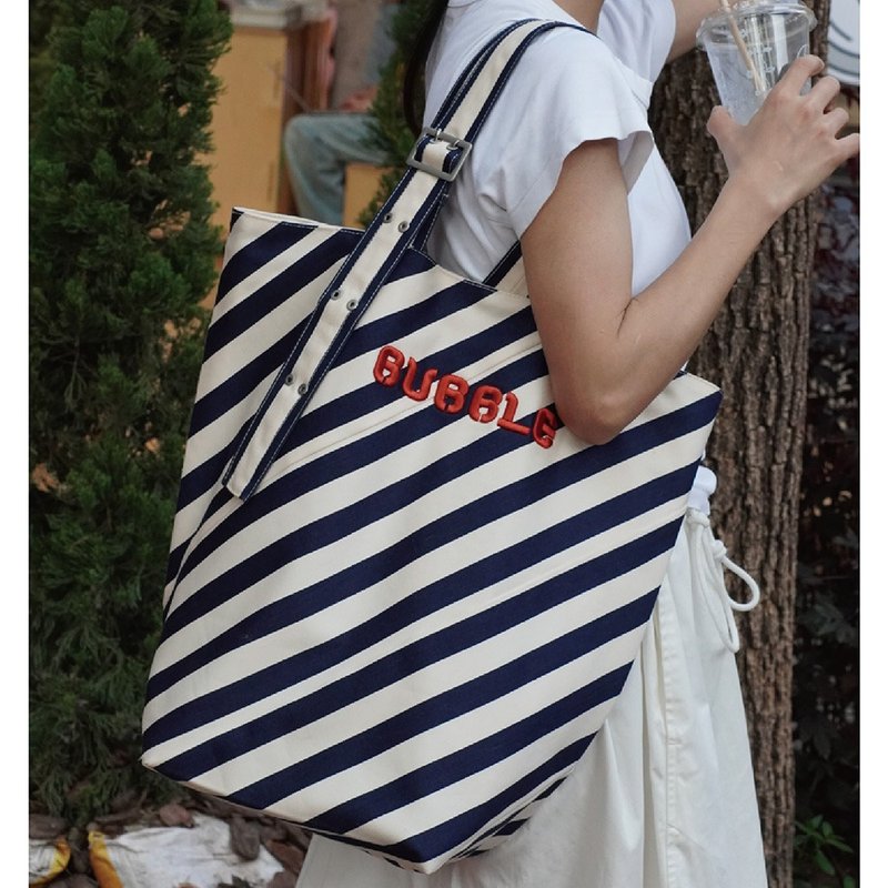 【BUBBLEOG】Large capacity blue striped patchwork design fashionable single should - Handbags & Totes - Polyester 