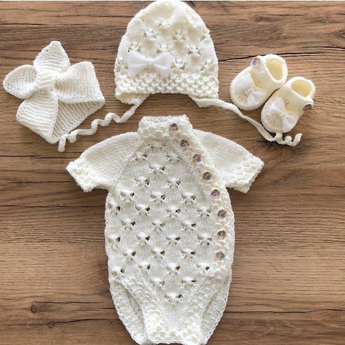 V.I.Angel Hand knit ivory clothing set for baby girl. Romper, hat, headband, booties.