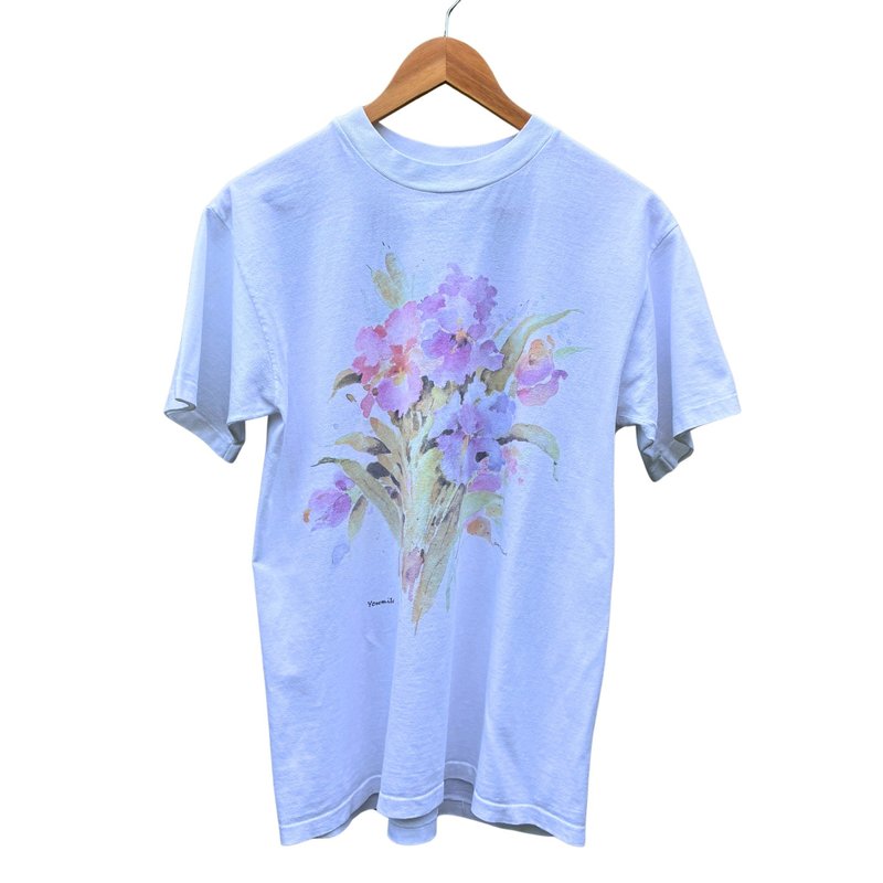Vintage 90s Soft as Grape Watercolor Floral Pansy Art T Shirt - 男 T 恤 - 棉．麻 白色