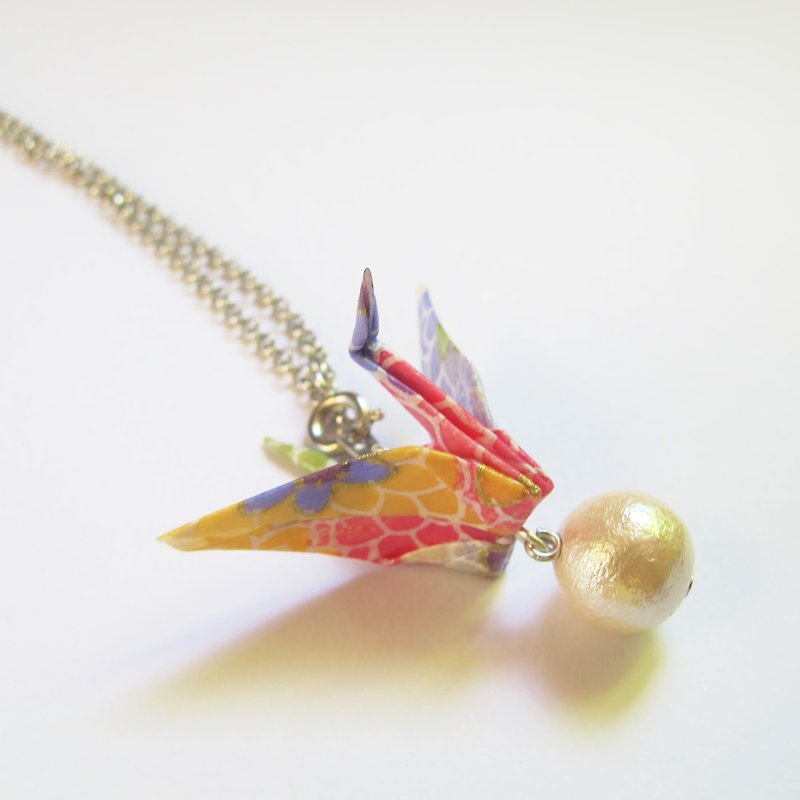 Origami Crane Cotton Pearl Long Necklace - Chokers - Paper Multicolor