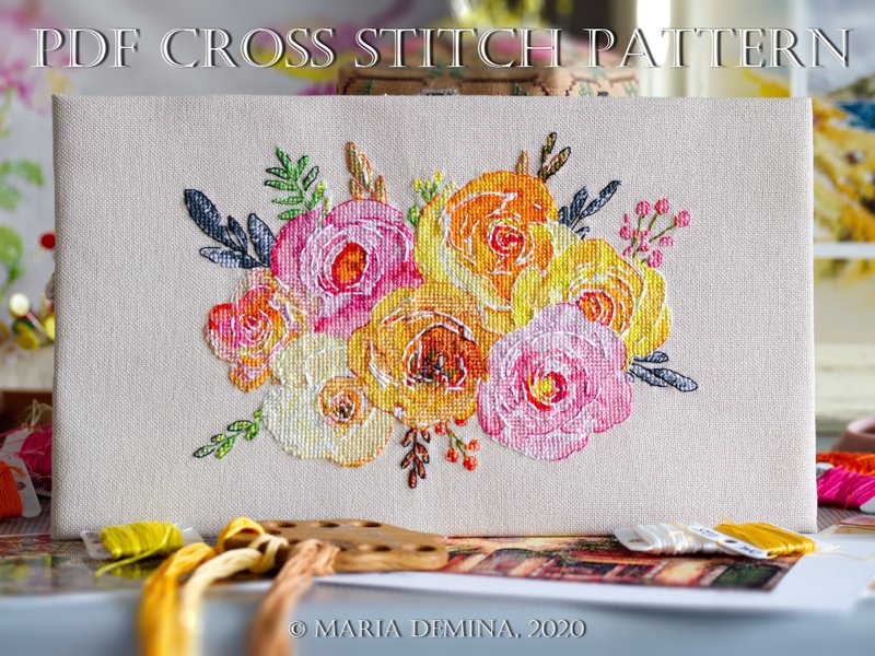 Colors Of Autumn Watercolor Bouquet PDF cross stitch pattern - 手工藝教學/工具書 - 其他材質 