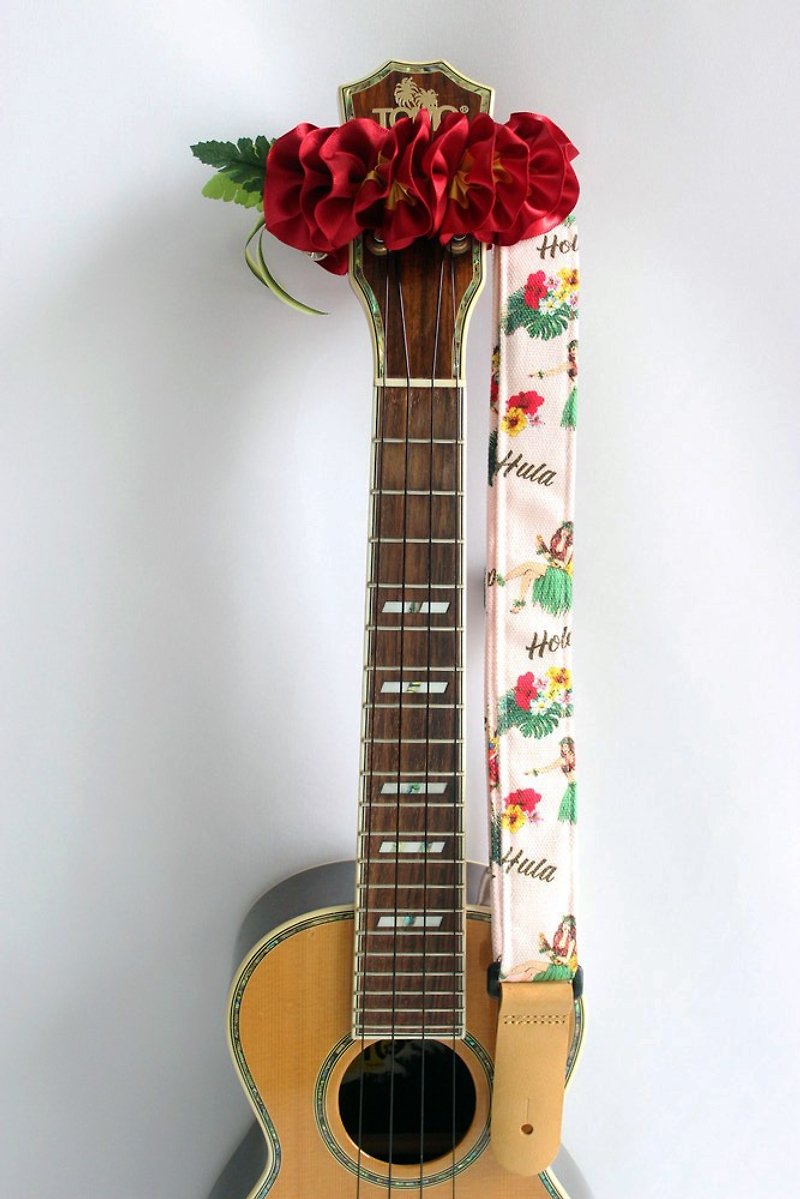 ukulele strap  hula girl pink (ribbon flower included) - 吉他/樂器 - 棉．麻 粉紅色