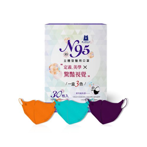醫碩科技 藍鷹牌 N95醫用立體型成人口罩 驚艷款(橘、綠、紫) 30片x1盒