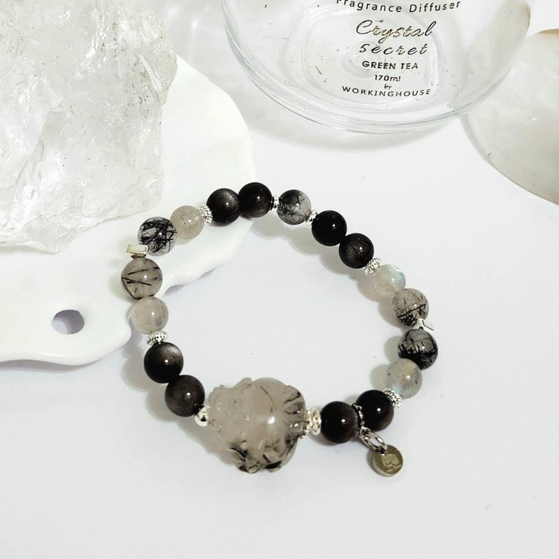 黑髮晶龍龜設計手鍊/增強直覺、招財、避邪擋煞之搭配水晶 - 手鍊/手環 - 水晶 黑色