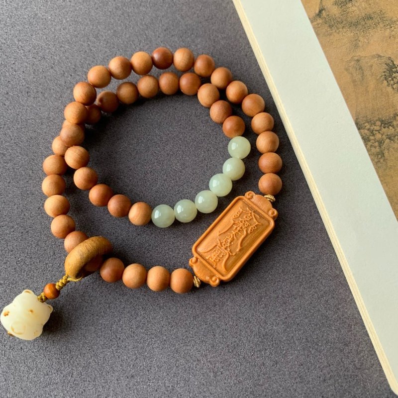 6mm natural old mountain sandalwood beads old mountain sandalwood Taisui Ling clear water jade design multi-circle bracelet - Bracelets - Wood Brown