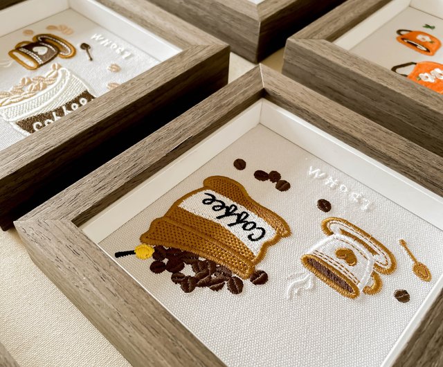 コーヒータイム】9種類のコーヒーデザート刺繍絵画｜無垢材