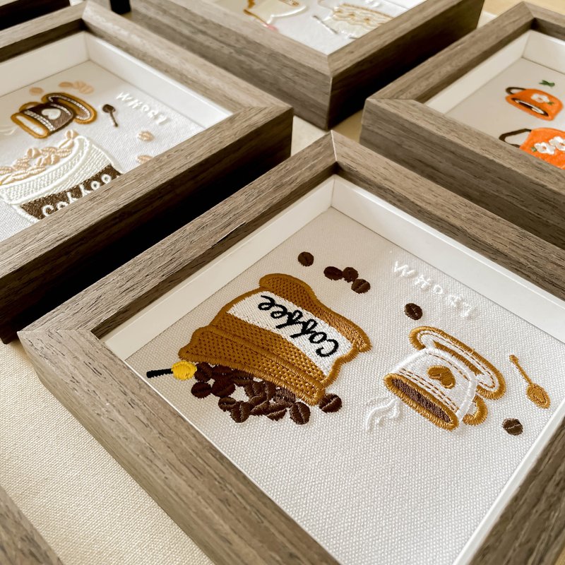 [Coffee Story House] 9 types of embroidery paintings | solid wood frame | with packaging - กรอบรูป - ผ้าฝ้าย/ผ้าลินิน สีนำ้ตาล