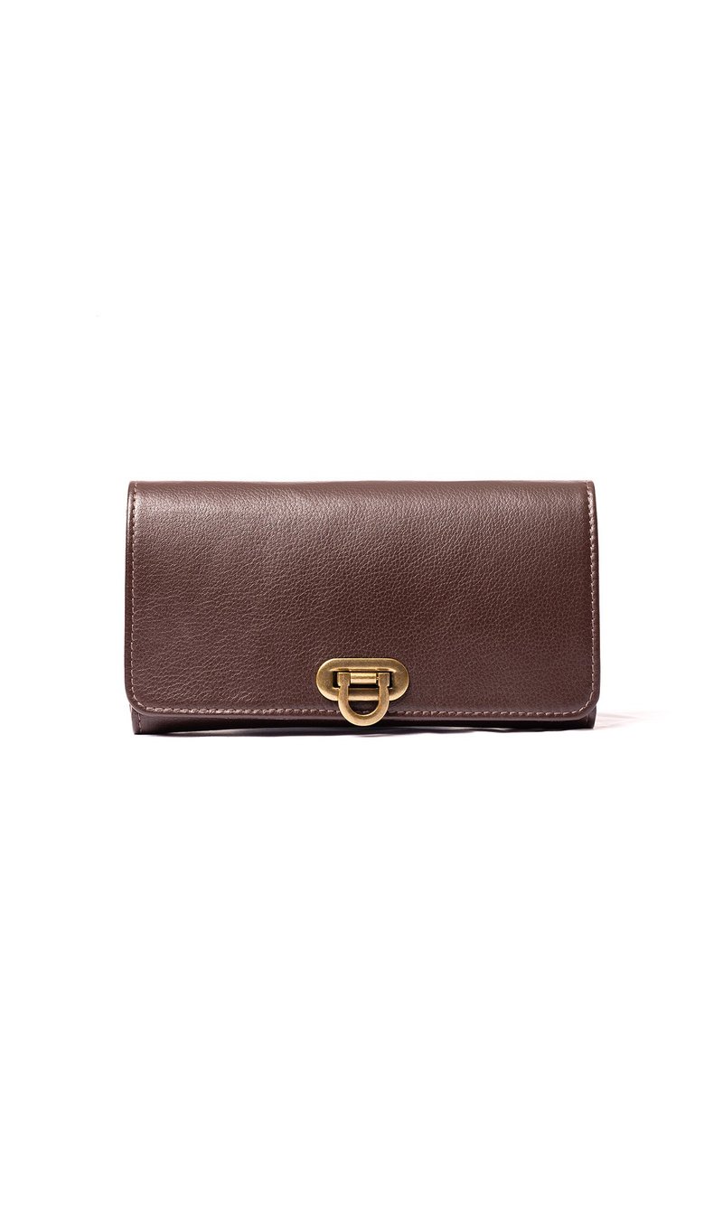 OLIVIA brown cowhide metal buckle long clip wallet - กระเป๋าสตางค์ - หนังแท้ สีนำ้ตาล