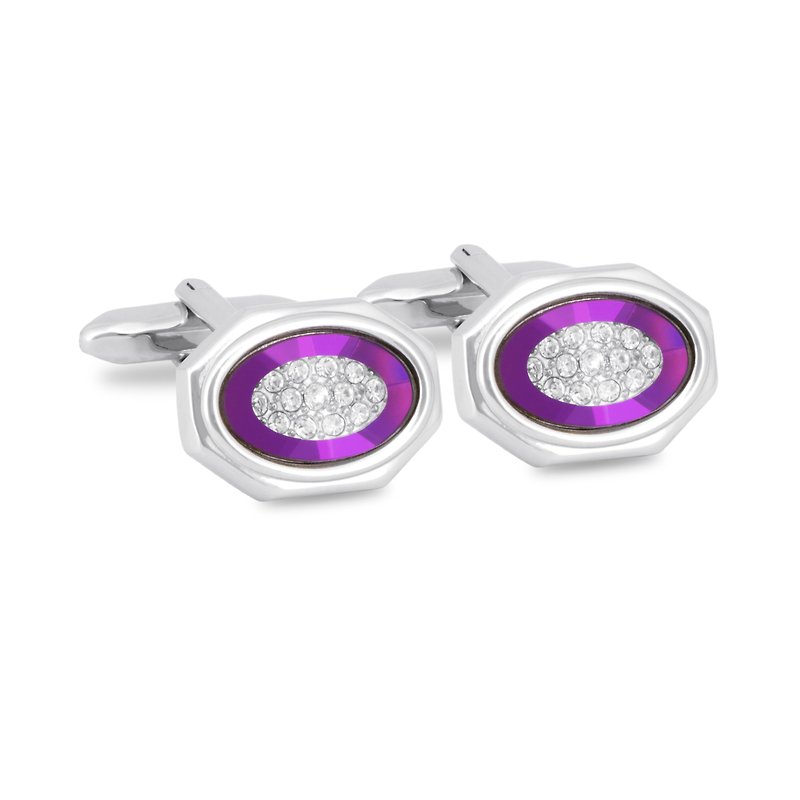Silver Octagon Purple Bezel with Crystals Cufflinks - กระดุมข้อมือ - โลหะ สีเงิน