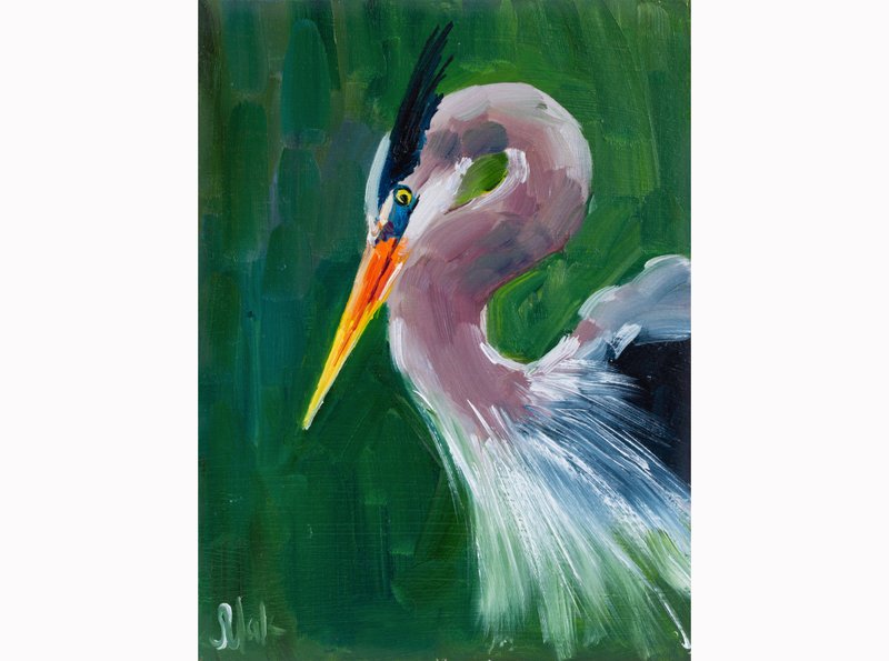 Blue Heron Oil Painting Bird Original Wall Art Gift For Woman Artwork - ตกแต่งผนัง - วัสดุอื่นๆ สีน้ำเงิน