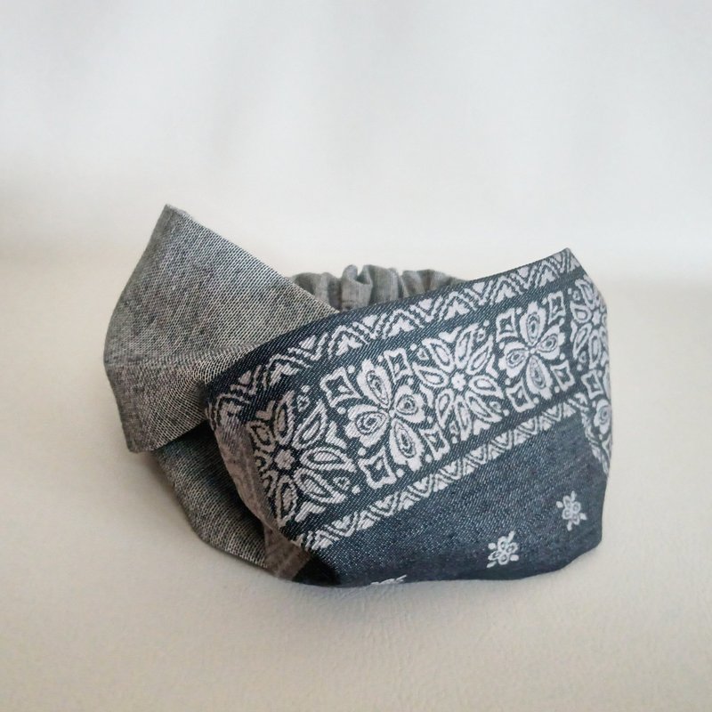 クロスタイプのヘアバンド　ターバン　デニム調×ダンガリー　25 - 髮箍/髮帶 - 棉．麻 灰色