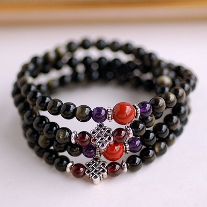 Obsidian*garnet*Amethyst 108 Rosary beads/Buddha beads/Multi-ring bracelet - สร้อยข้อมือ - เครื่องเพชรพลอย สีดำ