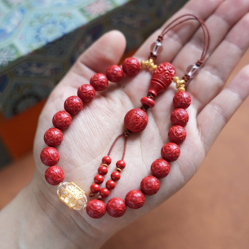 Cinnabar 18-Bead Bracelet with Crystal Guardian Beads, Designed for Layering, Perfect as a Gift or for Personal Rituals - พวงกุญแจ - วัสดุอื่นๆ สีแดง