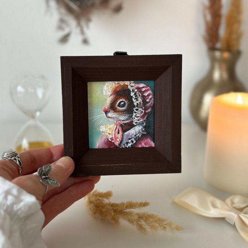 Mini painting Squirrel, Squirrel framed tiny art, Squirrel decor, Forest animals - 擺飾/家飾品 - 壓克力 咖啡色