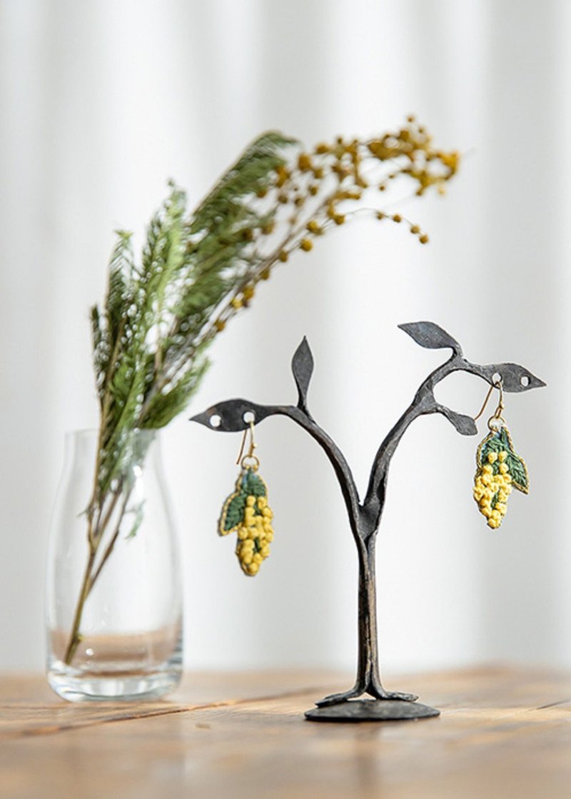 Earth Tree fair trade -- hand-embroidered mimosa earrings - ต่างหู - ผ้าฝ้าย/ผ้าลินิน 