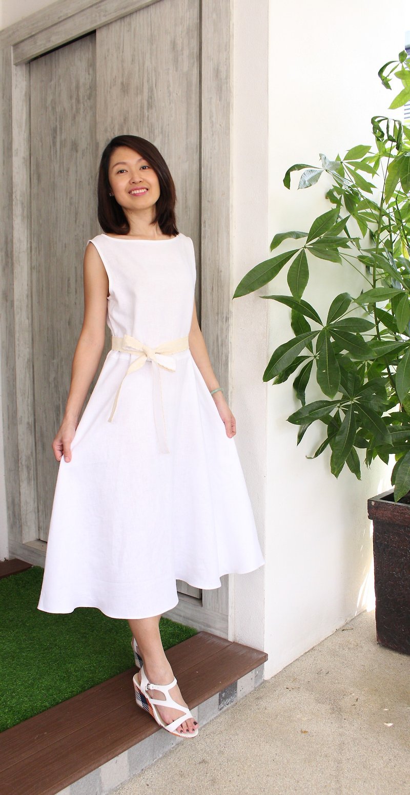 Linen Dress / Sleeveless Linen Dress / Wrap-Around Waistline / Lace Belt EP-D643 - 連身裙 - 亞麻 