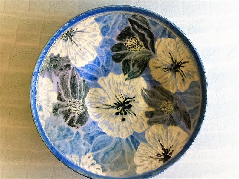 Flower rich art disk _ pottery dishes - จานและถาด - ดินเผา สีน้ำเงิน