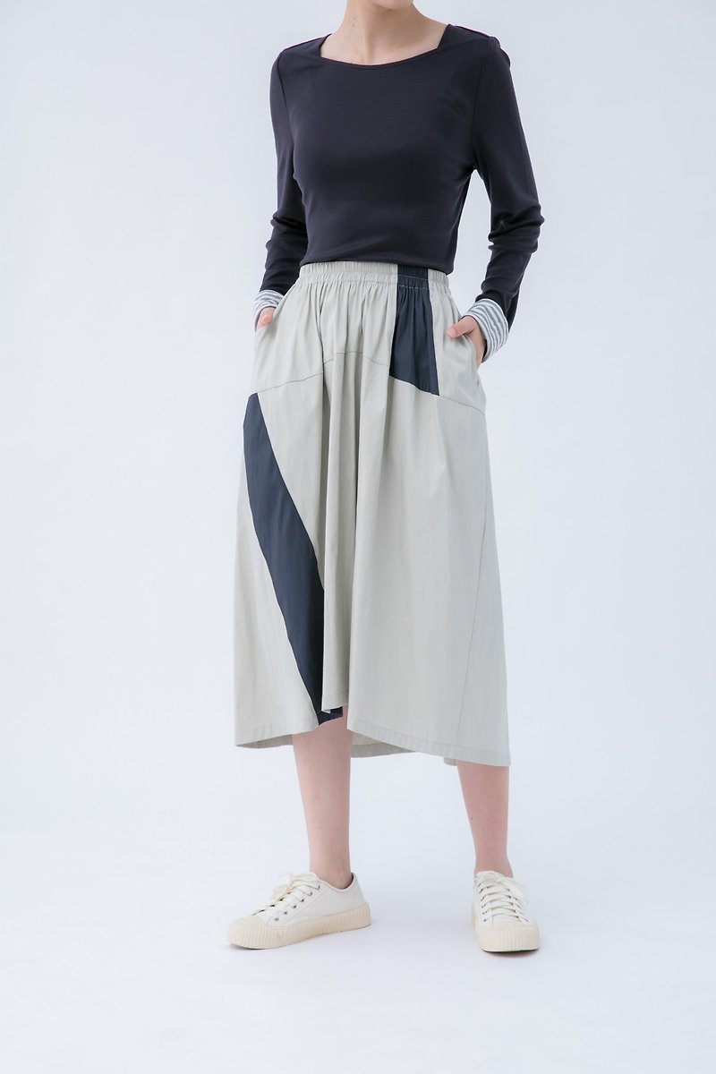 King Island Splicing Maxi Skirt/Mid Length Skirt - Khaki/Navy Blue - Skirts - Cotton & Hemp Gray