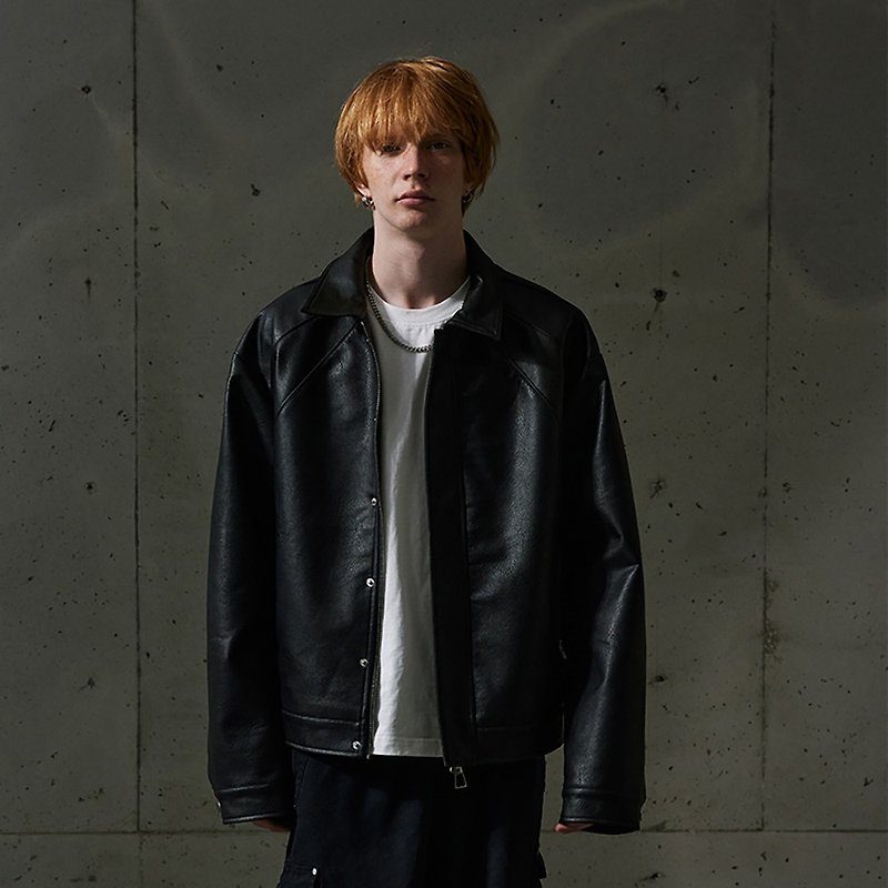 MOKACME 23FW original design structure segmentation heavy 3D embossed silhouette leather PU jacket jacket - เสื้อโค้ทผู้ชาย - หนังเทียม สีดำ