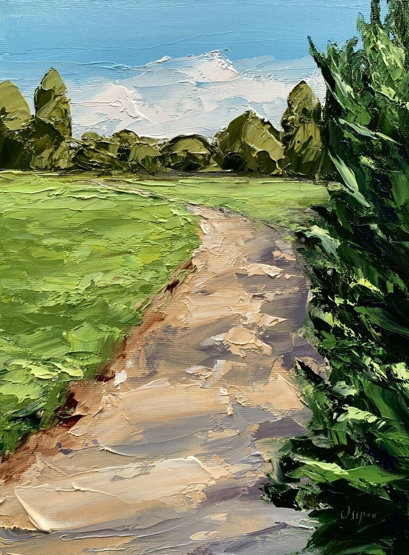 Original Green Landscape Oil Painting On Canvas Blue Sky Art Textured Impasto - 壁貼/牆壁裝飾 - 棉．麻 多色