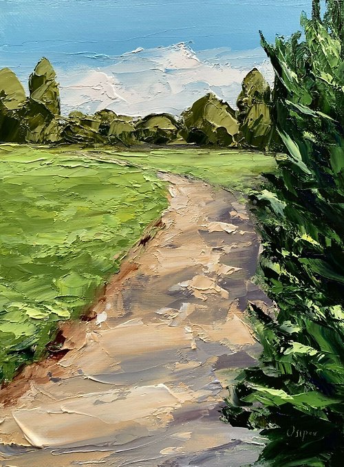 OsipovArtStudio Original Green Landscape Oil Painting On Canvas Blue Sky Art Textured Impasto