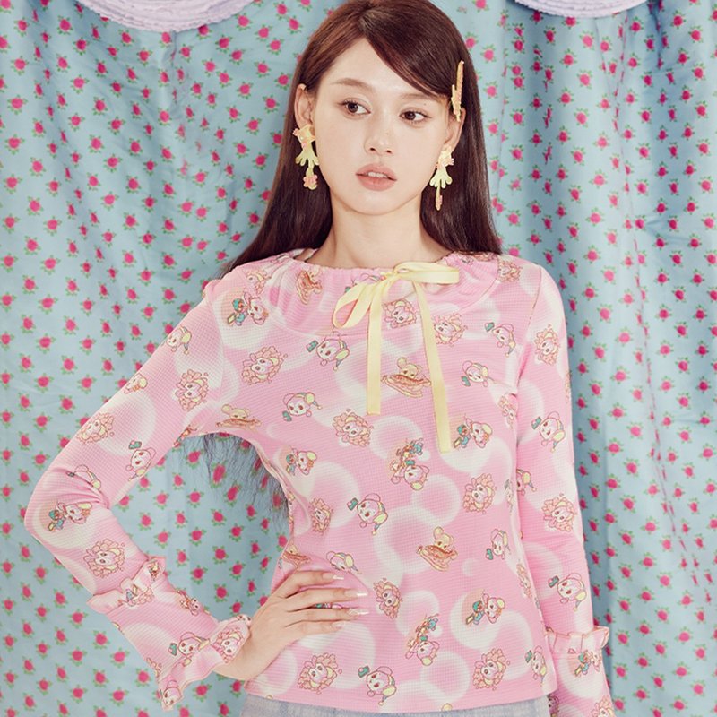 可愛小熊 幾何印花 喇叭袖針織衫 粉色綠色入 - 女上衣/長袖上衣 - 其他材質 多色
