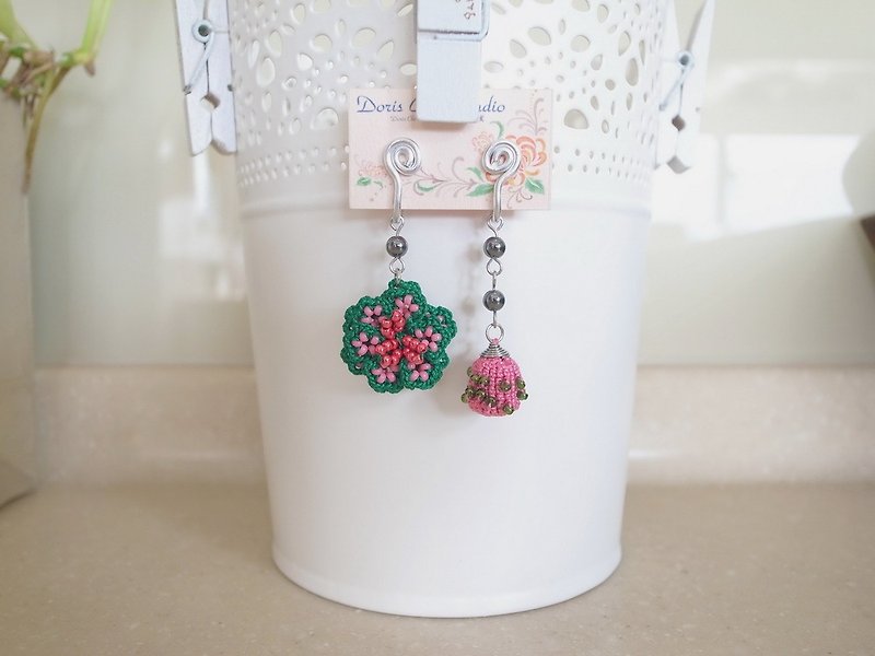 Irish Crochet Lace Jewelry (Joy II-b) Fiber Jewelry Clip Earrings - Earrings & Clip-ons - Cotton & Hemp Multicolor