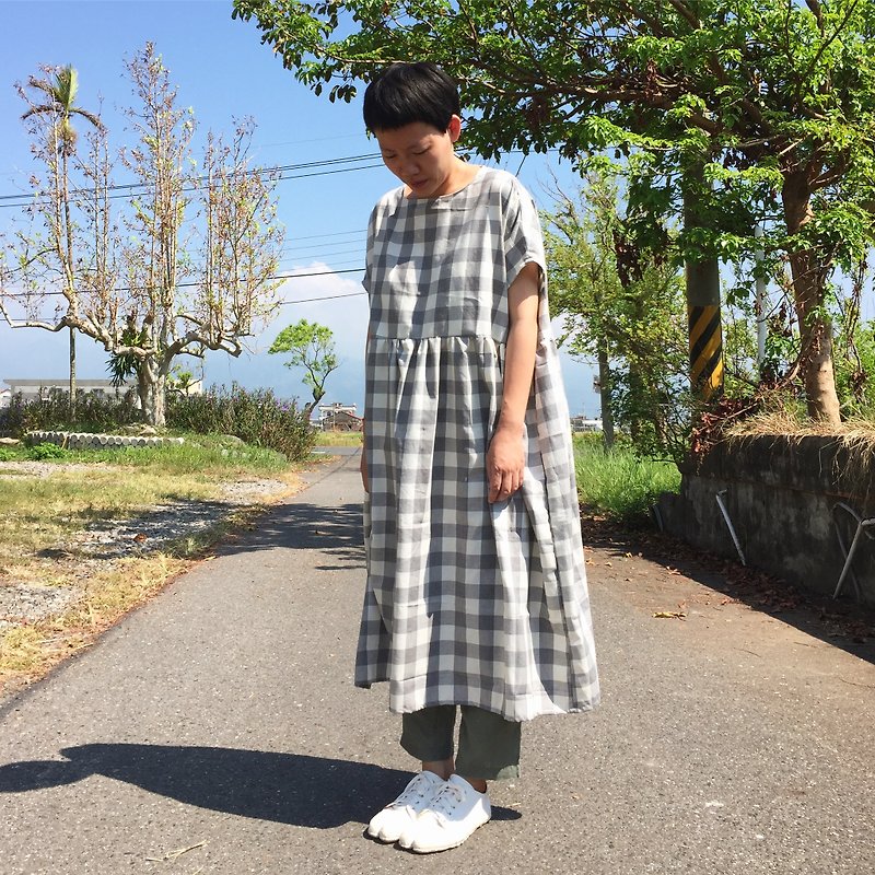Limited! The Korean clothing high waist wide structure lattice long loaded gray - One Piece Dresses - Cotton & Hemp Gray