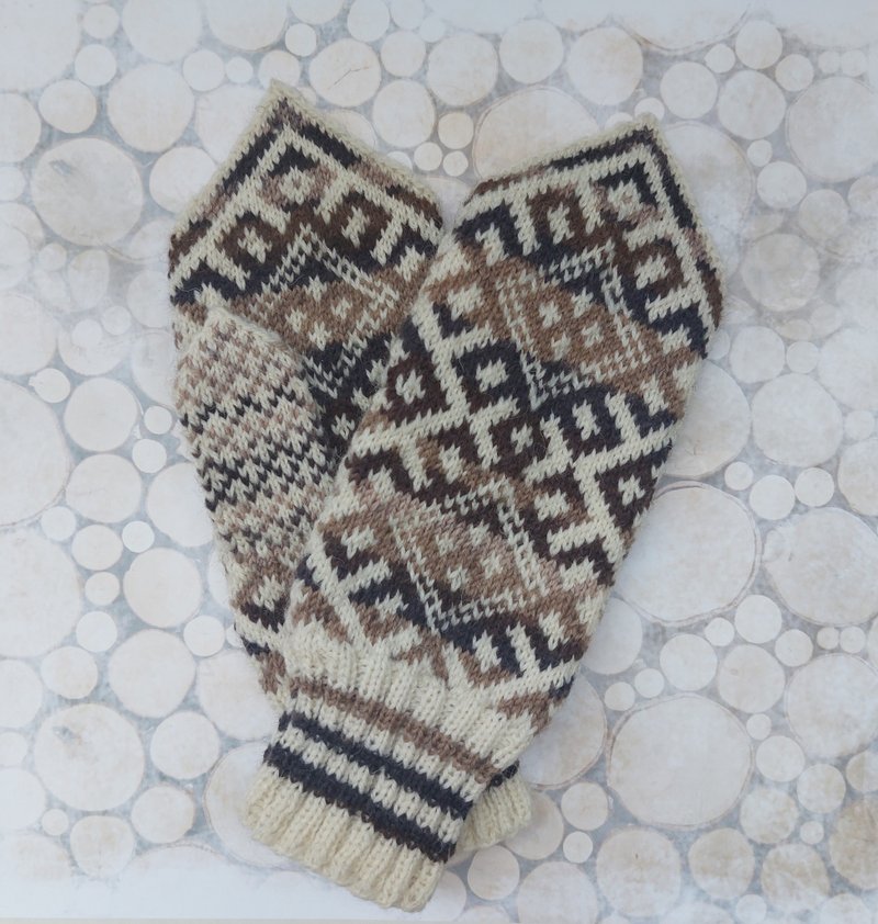 Women's hand-knitted wool mittens are very warm with a pattern - 手套 - 羊毛 咖啡色