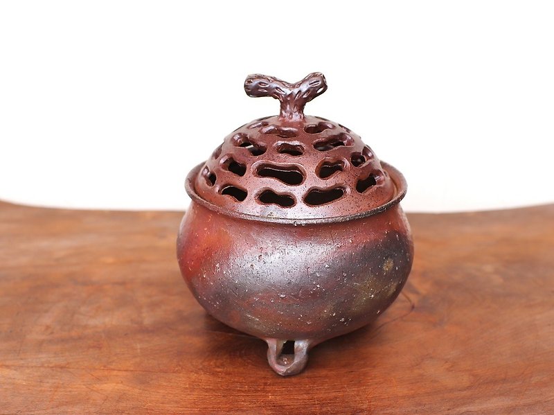 Bizen ware incense burner (with paulownia box) i-097 - Fragrances - Pottery Brown
